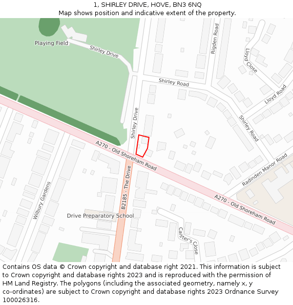 1, SHIRLEY DRIVE, HOVE, BN3 6NQ: Location map and indicative extent of plot