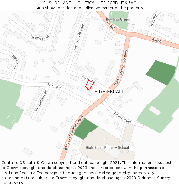 1, SHOP LANE, HIGH ERCALL, TELFORD, TF6 6AG: Location map and indicative extent of plot