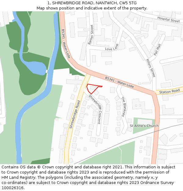 1, SHREWBRIDGE ROAD, NANTWICH, CW5 5TG: Location map and indicative extent of plot
