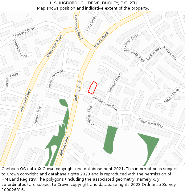 1, SHUGBOROUGH DRIVE, DUDLEY, DY1 2TU: Location map and indicative extent of plot