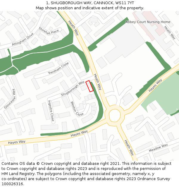 1, SHUGBOROUGH WAY, CANNOCK, WS11 7YT: Location map and indicative extent of plot