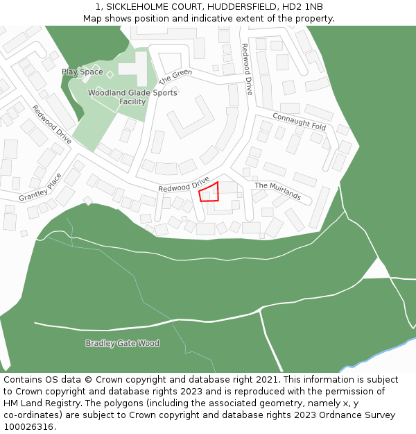 1, SICKLEHOLME COURT, HUDDERSFIELD, HD2 1NB: Location map and indicative extent of plot