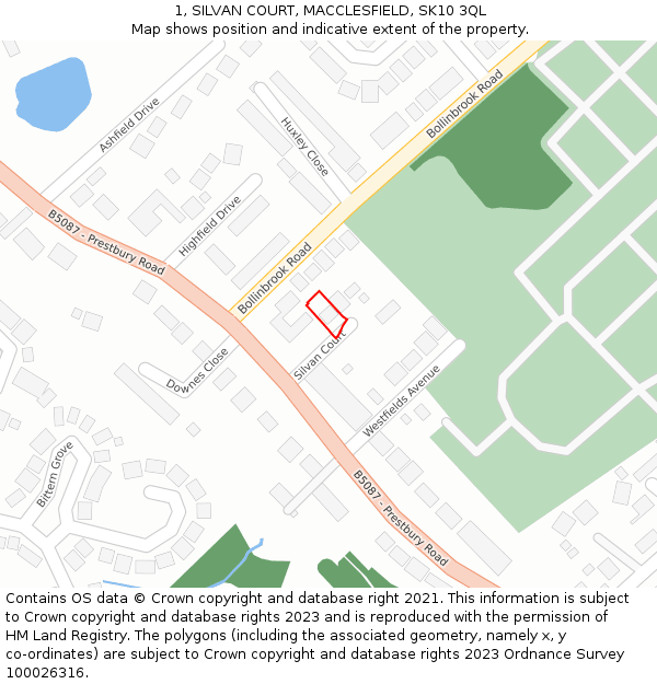 1, SILVAN COURT, MACCLESFIELD, SK10 3QL: Location map and indicative extent of plot