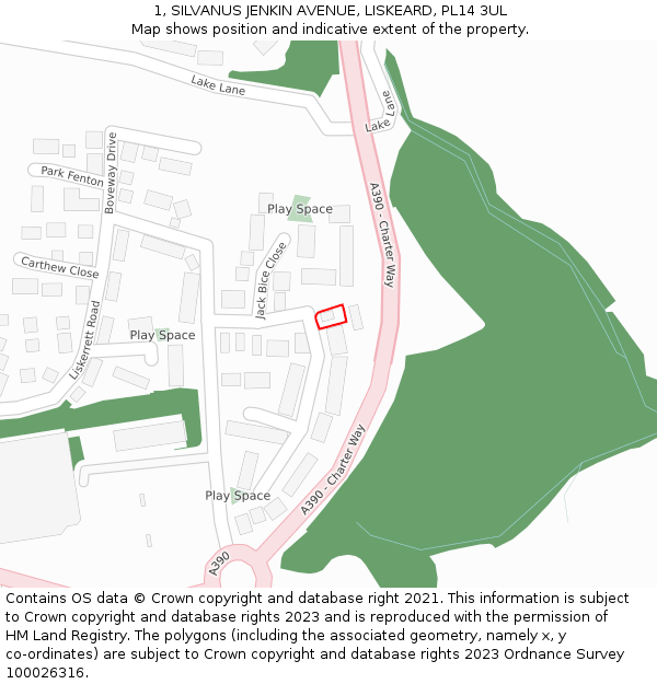 1, SILVANUS JENKIN AVENUE, LISKEARD, PL14 3UL: Location map and indicative extent of plot