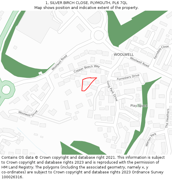 1, SILVER BIRCH CLOSE, PLYMOUTH, PL6 7QL: Location map and indicative extent of plot