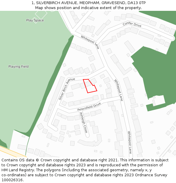 1, SILVERBIRCH AVENUE, MEOPHAM, GRAVESEND, DA13 0TP: Location map and indicative extent of plot
