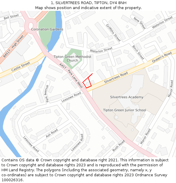 1, SILVERTREES ROAD, TIPTON, DY4 8NH: Location map and indicative extent of plot