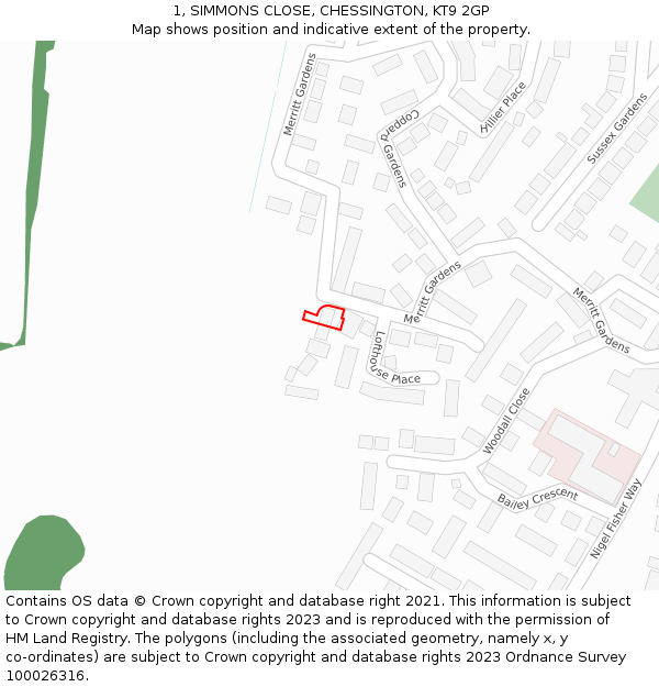 1, SIMMONS CLOSE, CHESSINGTON, KT9 2GP: Location map and indicative extent of plot