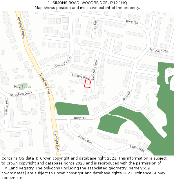 1, SIMONS ROAD, WOODBRIDGE, IP12 1HQ: Location map and indicative extent of plot