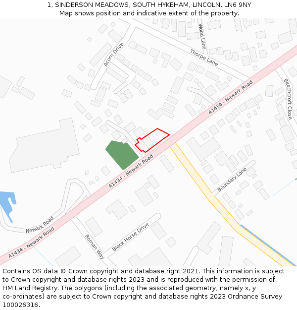 1, SINDERSON MEADOWS, SOUTH HYKEHAM, LINCOLN, LN6 9NY: Location map and indicative extent of plot