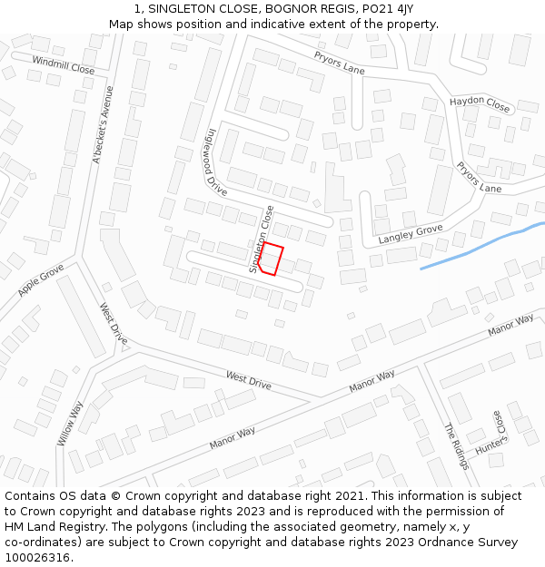 1, SINGLETON CLOSE, BOGNOR REGIS, PO21 4JY: Location map and indicative extent of plot