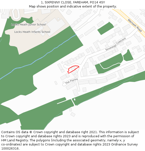 1, SIXPENNY CLOSE, FAREHAM, PO14 4SY: Location map and indicative extent of plot