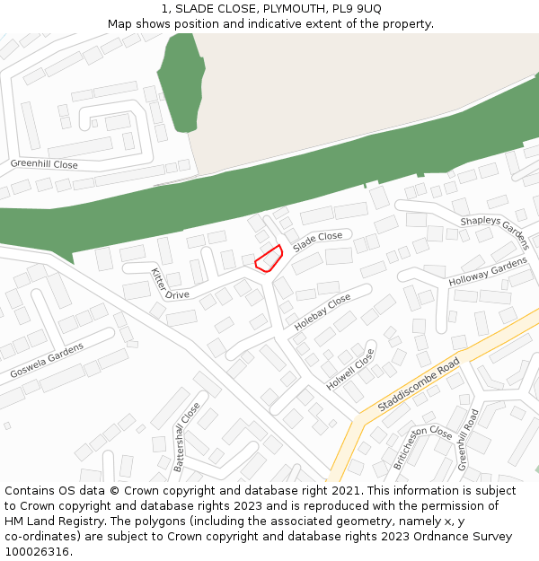 1, SLADE CLOSE, PLYMOUTH, PL9 9UQ: Location map and indicative extent of plot