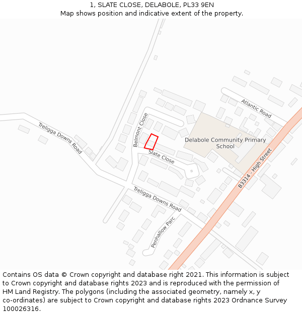1, SLATE CLOSE, DELABOLE, PL33 9EN: Location map and indicative extent of plot