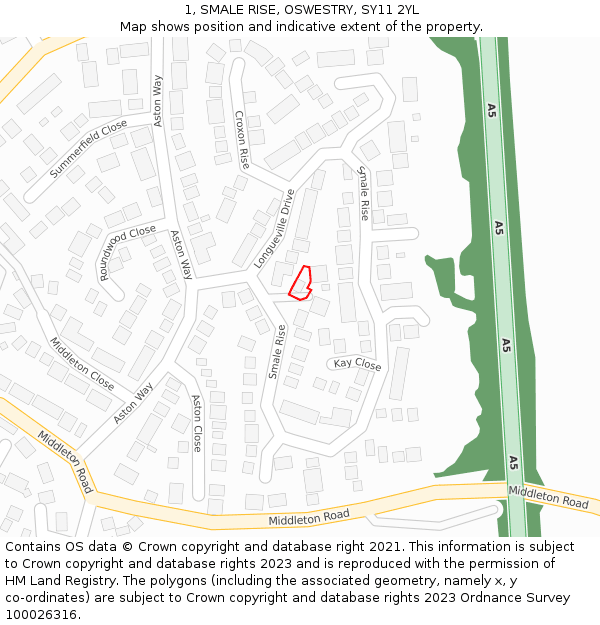 1, SMALE RISE, OSWESTRY, SY11 2YL: Location map and indicative extent of plot