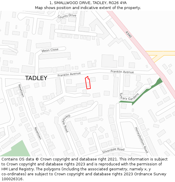 1, SMALLWOOD DRIVE, TADLEY, RG26 4YA: Location map and indicative extent of plot
