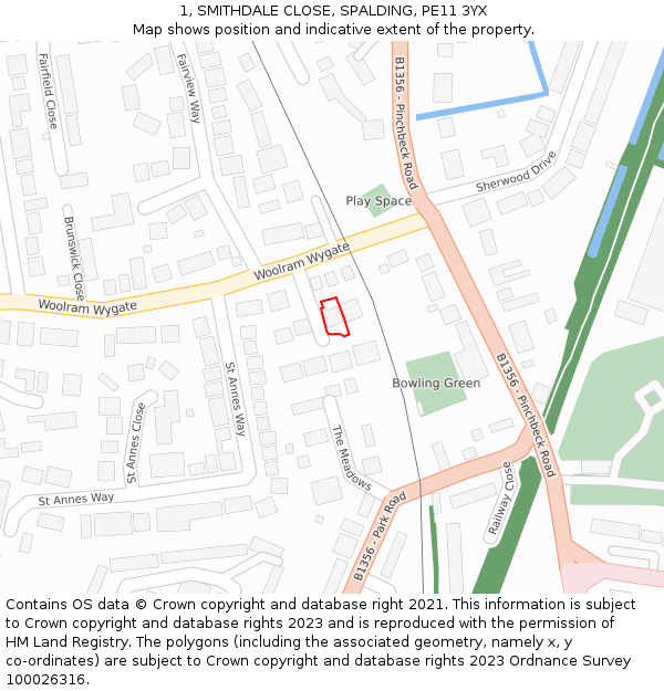 1, SMITHDALE CLOSE, SPALDING, PE11 3YX: Location map and indicative extent of plot