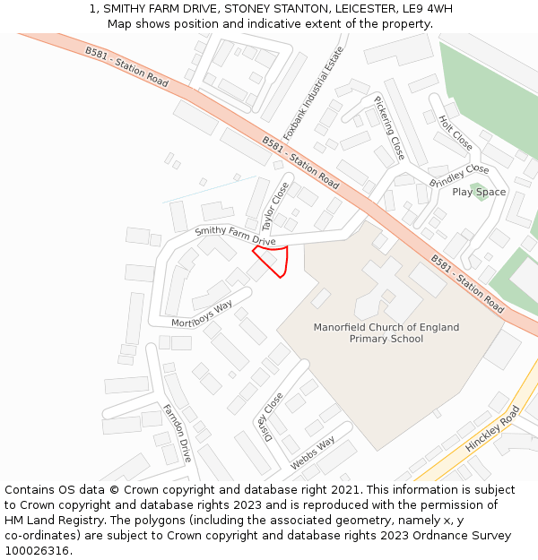 1, SMITHY FARM DRIVE, STONEY STANTON, LEICESTER, LE9 4WH: Location map and indicative extent of plot