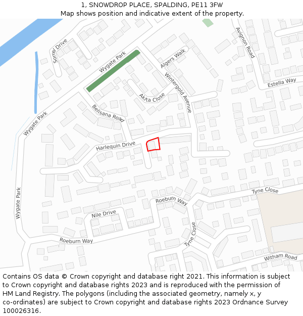 1, SNOWDROP PLACE, SPALDING, PE11 3FW: Location map and indicative extent of plot