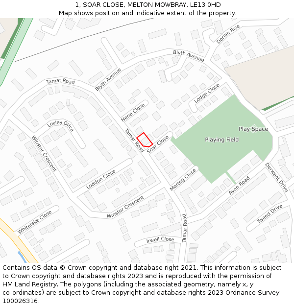 1, SOAR CLOSE, MELTON MOWBRAY, LE13 0HD: Location map and indicative extent of plot