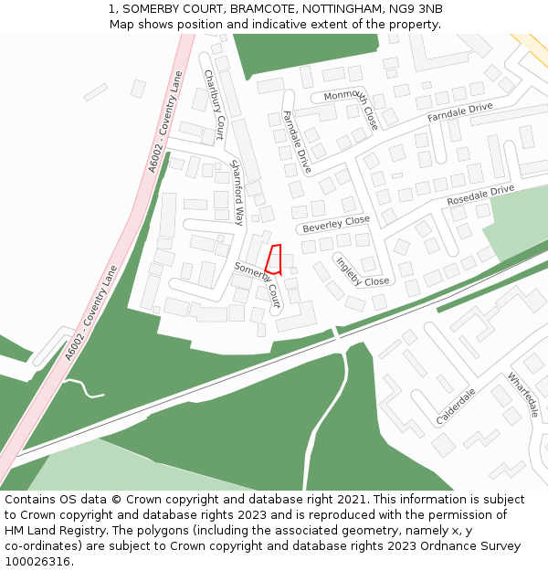 1, SOMERBY COURT, BRAMCOTE, NOTTINGHAM, NG9 3NB: Location map and indicative extent of plot