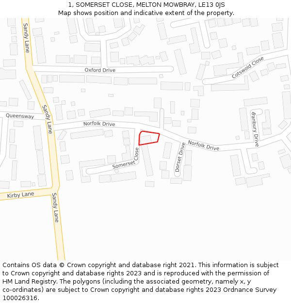 1, SOMERSET CLOSE, MELTON MOWBRAY, LE13 0JS: Location map and indicative extent of plot