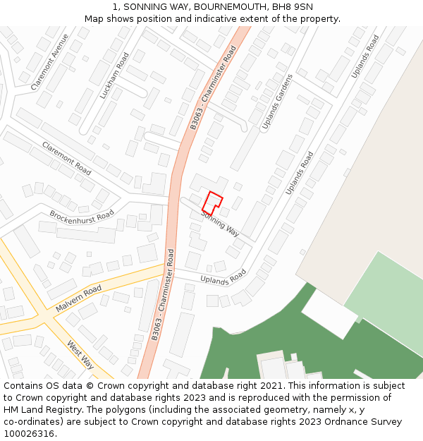 1, SONNING WAY, BOURNEMOUTH, BH8 9SN: Location map and indicative extent of plot