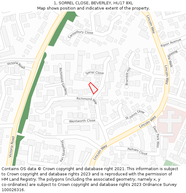 1, SORREL CLOSE, BEVERLEY, HU17 8XL: Location map and indicative extent of plot