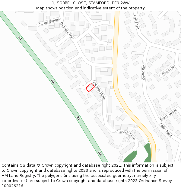 1, SORREL CLOSE, STAMFORD, PE9 2WW: Location map and indicative extent of plot