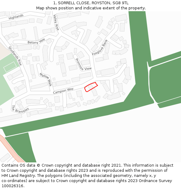 1, SORRELL CLOSE, ROYSTON, SG8 9TL: Location map and indicative extent of plot