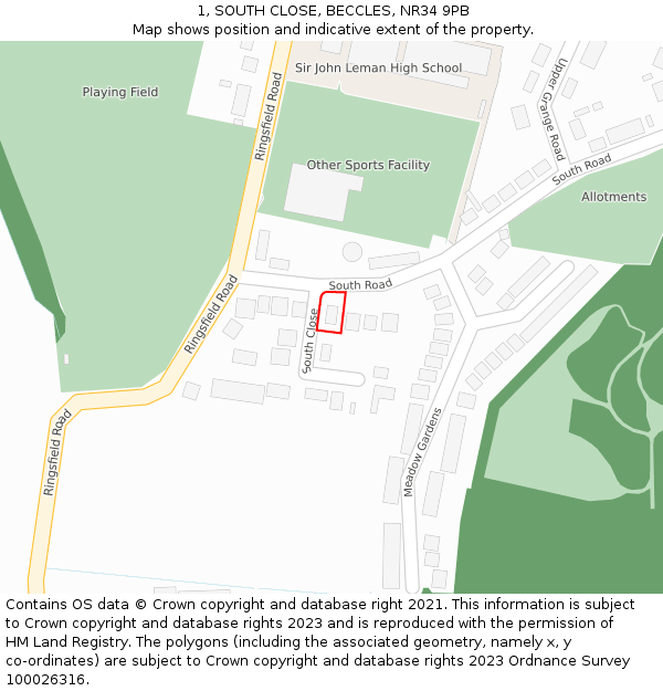 1, SOUTH CLOSE, BECCLES, NR34 9PB: Location map and indicative extent of plot