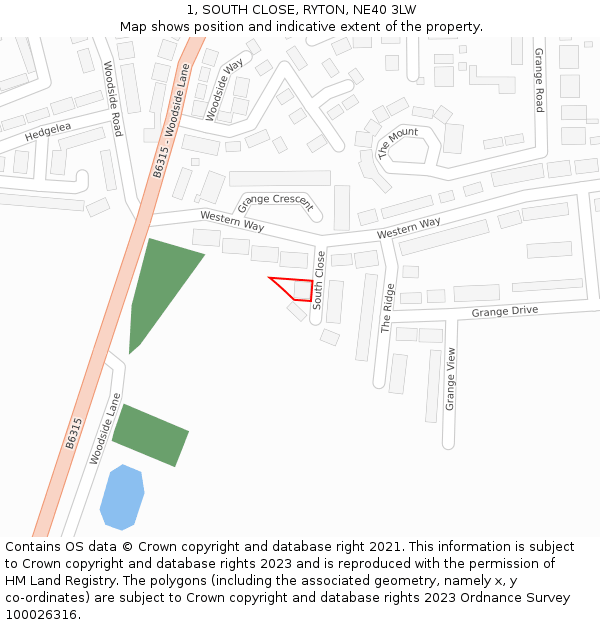 1, SOUTH CLOSE, RYTON, NE40 3LW: Location map and indicative extent of plot