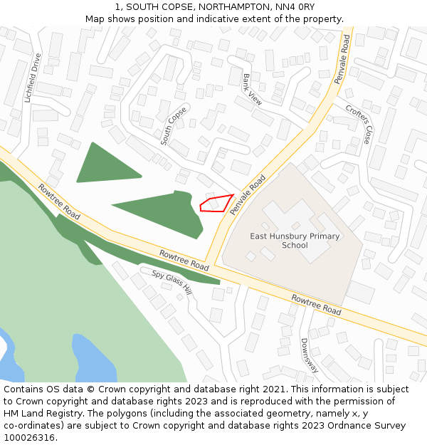 1, SOUTH COPSE, NORTHAMPTON, NN4 0RY: Location map and indicative extent of plot