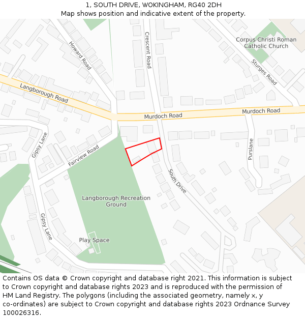 1, SOUTH DRIVE, WOKINGHAM, RG40 2DH: Location map and indicative extent of plot