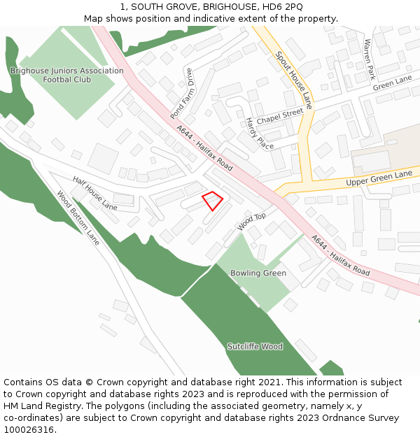 1, SOUTH GROVE, BRIGHOUSE, HD6 2PQ: Location map and indicative extent of plot