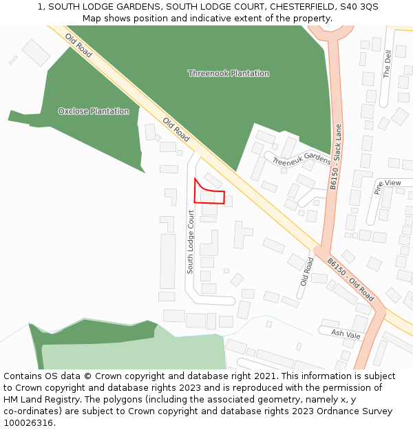 1, SOUTH LODGE GARDENS, SOUTH LODGE COURT, CHESTERFIELD, S40 3QS: Location map and indicative extent of plot