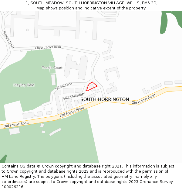 1, SOUTH MEADOW, SOUTH HORRINGTON VILLAGE, WELLS, BA5 3DJ: Location map and indicative extent of plot