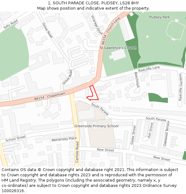 1, SOUTH PARADE CLOSE, PUDSEY, LS28 8HY: Location map and indicative extent of plot