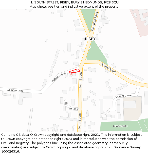 1, SOUTH STREET, RISBY, BURY ST EDMUNDS, IP28 6QU: Location map and indicative extent of plot