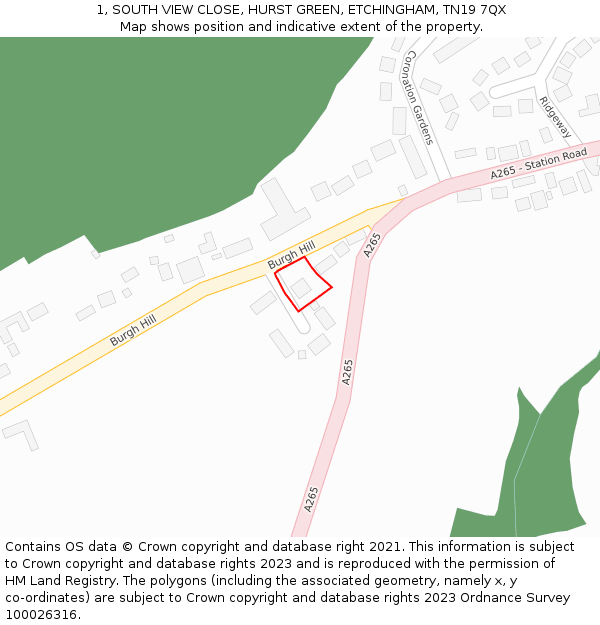 1, SOUTH VIEW CLOSE, HURST GREEN, ETCHINGHAM, TN19 7QX: Location map and indicative extent of plot