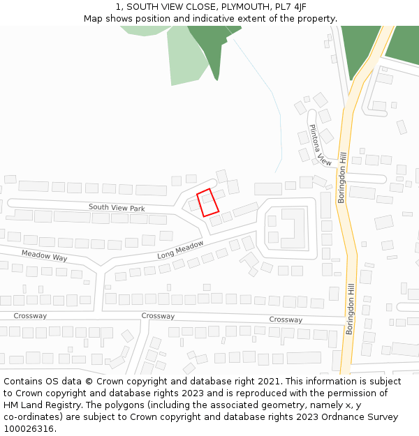 1, SOUTH VIEW CLOSE, PLYMOUTH, PL7 4JF: Location map and indicative extent of plot