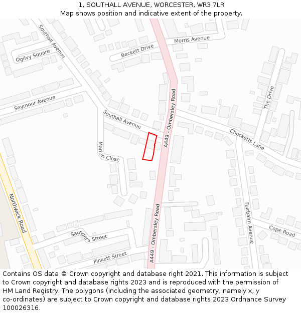 1, SOUTHALL AVENUE, WORCESTER, WR3 7LR: Location map and indicative extent of plot