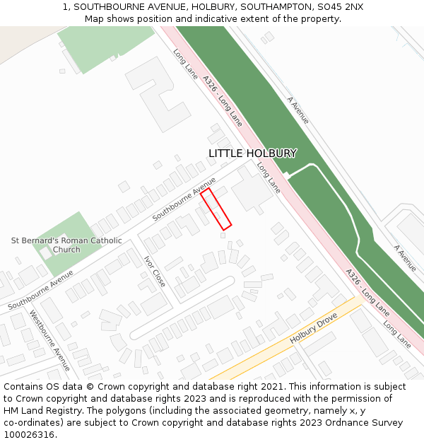 1, SOUTHBOURNE AVENUE, HOLBURY, SOUTHAMPTON, SO45 2NX: Location map and indicative extent of plot