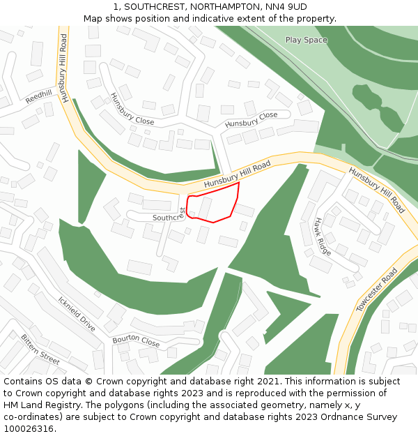 1, SOUTHCREST, NORTHAMPTON, NN4 9UD: Location map and indicative extent of plot