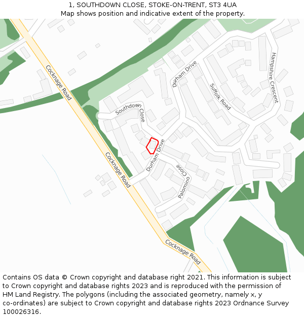 1, SOUTHDOWN CLOSE, STOKE-ON-TRENT, ST3 4UA: Location map and indicative extent of plot