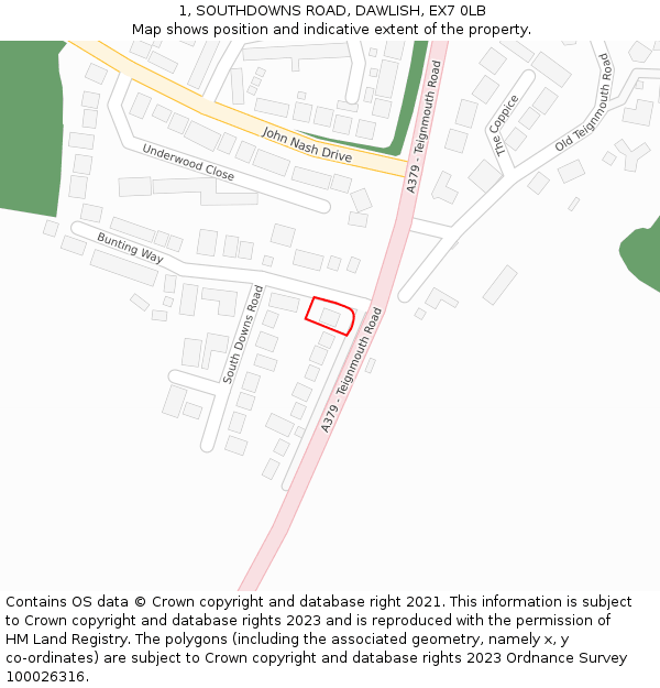 1, SOUTHDOWNS ROAD, DAWLISH, EX7 0LB: Location map and indicative extent of plot