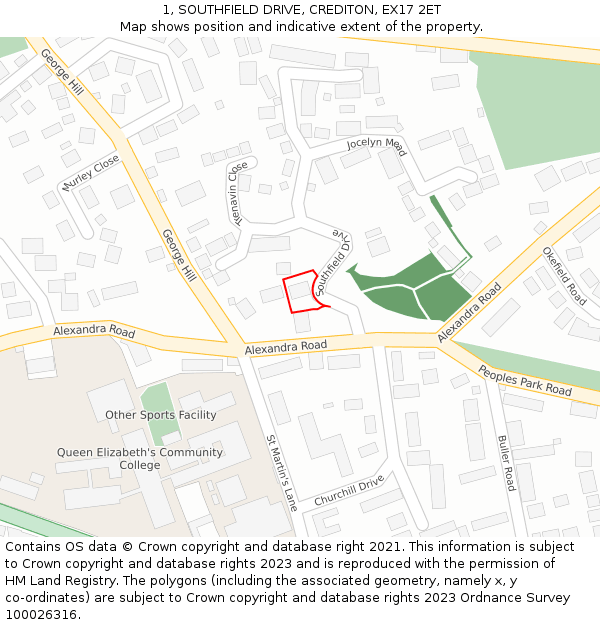 1, SOUTHFIELD DRIVE, CREDITON, EX17 2ET: Location map and indicative extent of plot