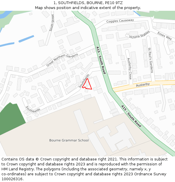 1, SOUTHFIELDS, BOURNE, PE10 9TZ: Location map and indicative extent of plot