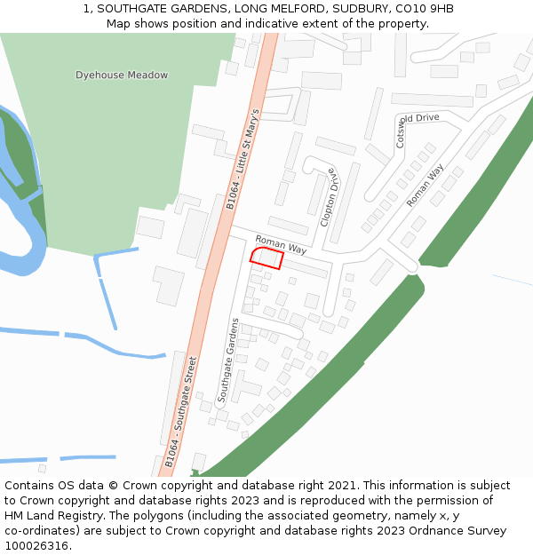 1, SOUTHGATE GARDENS, LONG MELFORD, SUDBURY, CO10 9HB: Location map and indicative extent of plot