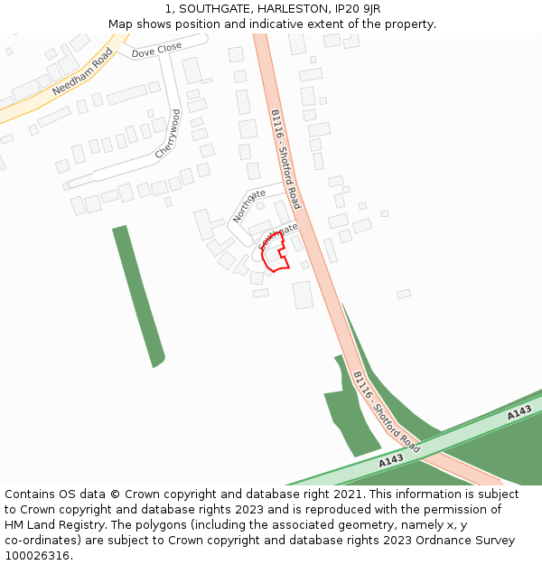 1, SOUTHGATE, HARLESTON, IP20 9JR: Location map and indicative extent of plot